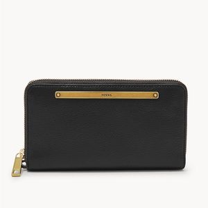 NWT Fossil Black Leather Liza Zip Around Clutch